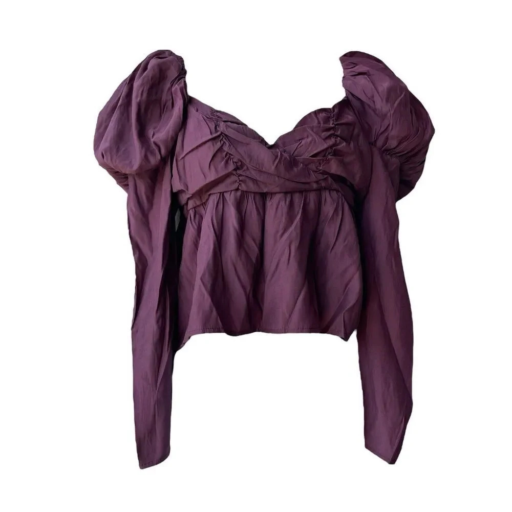 ON TWELFTH Crop Tops Women’s Size S Plum Puff Sleeve Ruffle Long Sleeve Blouse